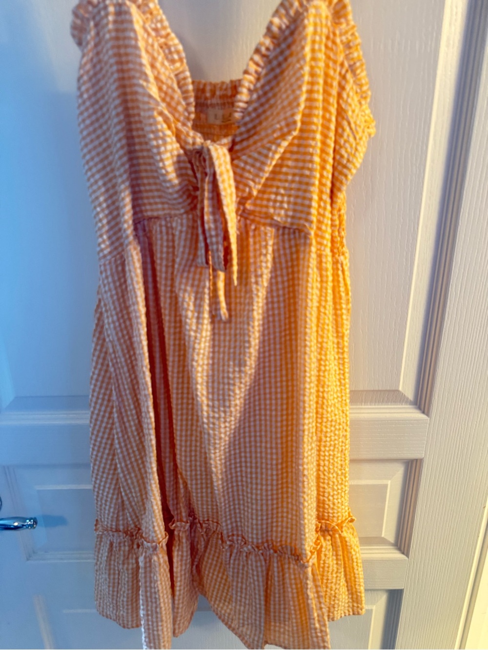 Women white and light orange Gingham Tie-Front Sundress